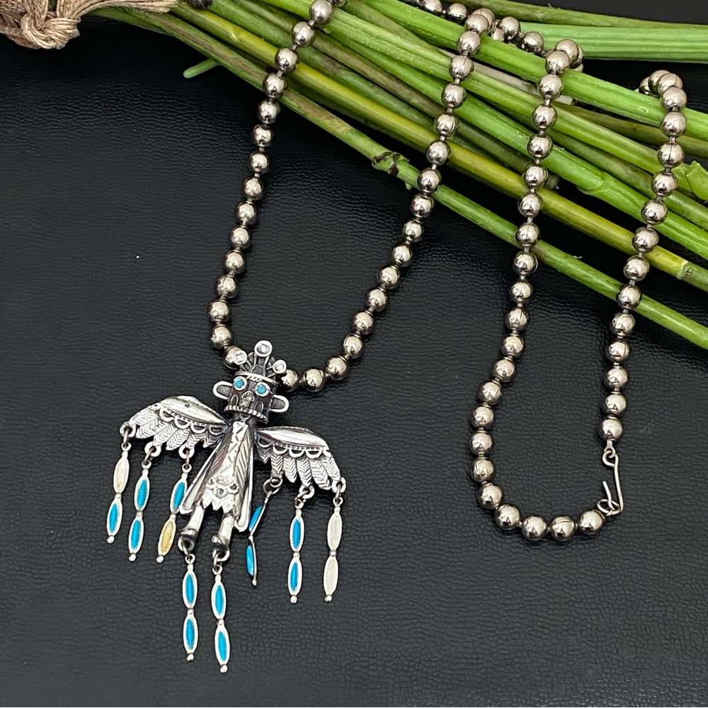 Vintage Faux Turquoise Silver-tone Ball Chain Kachina Thunderbird Necklace 72.3g